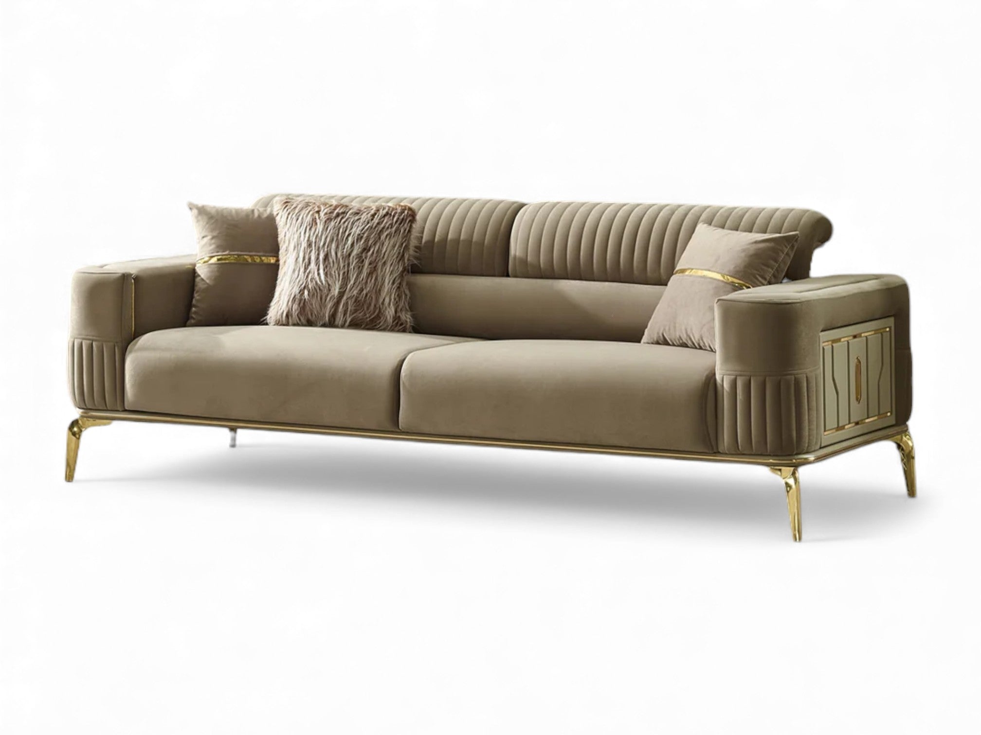 Beige turkish sofa convertible fancy with decorative pillows 