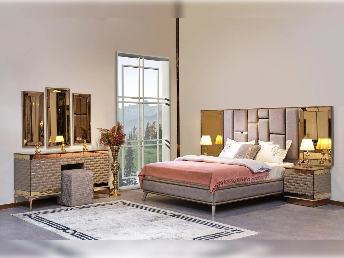 Elite Bedroom Set (Bed Frame With Headboard & Dresser & Mirror & 2 Nightstand)